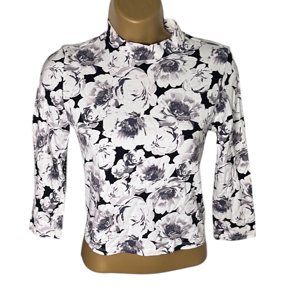 Forever 21 Tight Fit Mock Neck Floral 3/4 Sleeve Crop Top M Juniors